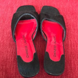 Chinese Laundry slip on open toe, small sq heel